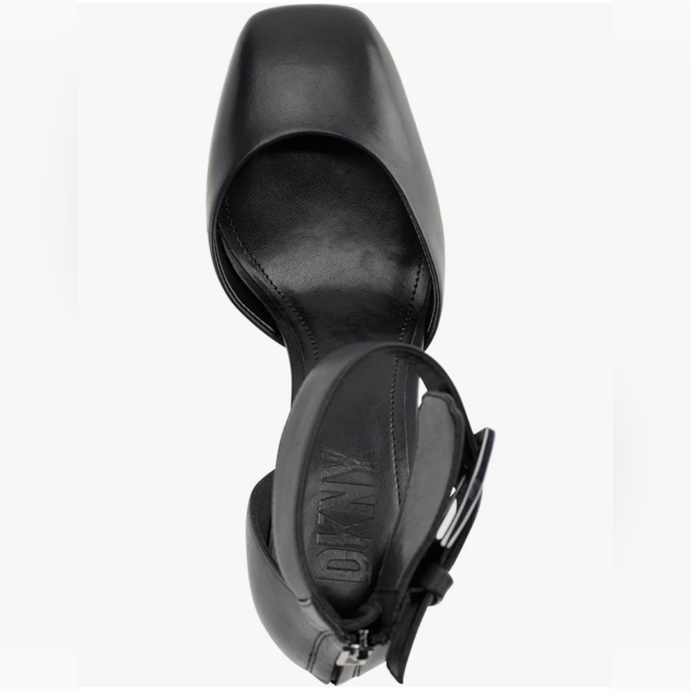 DKNY Briella Elegant Black Block Heel Closed Toe Sandals w/ Ankle Strap